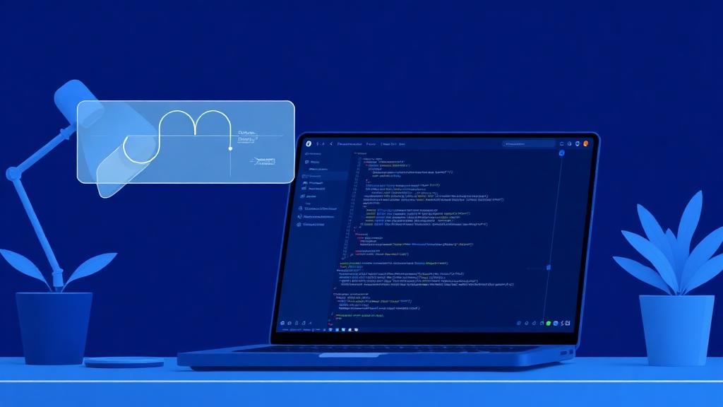 Developer workspace with code editor open on a laptop next to a roadmap diagram