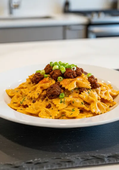 Cajun Cream Cheese Alfredo Bowties with Spiced Ground Beef