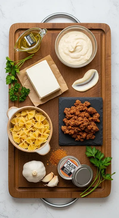 Cajun Cream Cheese Alfredo Bowties with Spiced Ground Beef - cooking process
