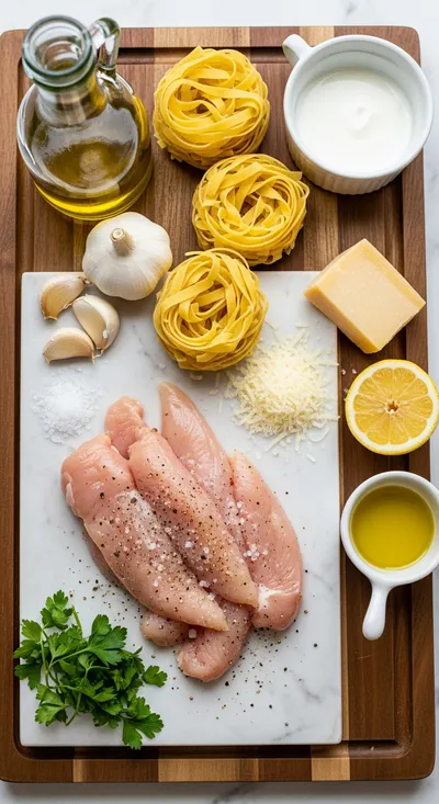 Creamy Garlic Parmesan Chicken Pasta - ingredients preparation